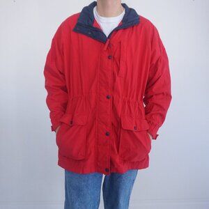 Vintage R&R Red And Blue Multi-Pocket Utility Nylon Zip Up Stowaway Hood Coat S